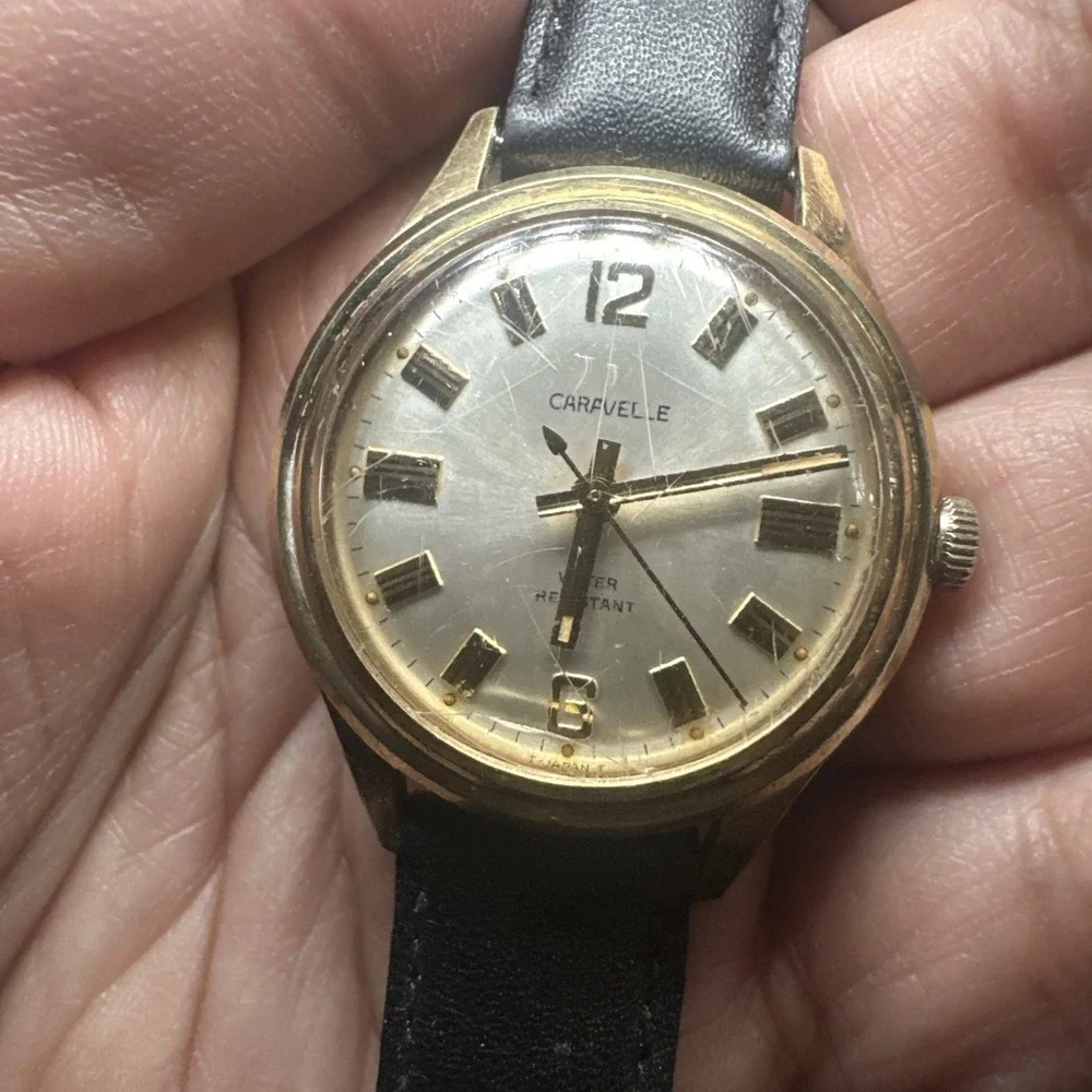 Works VTG 1970s Caravelle N1 Gold‎ Tone Mens Manual Wind 32mm Fit 7in Black Runs